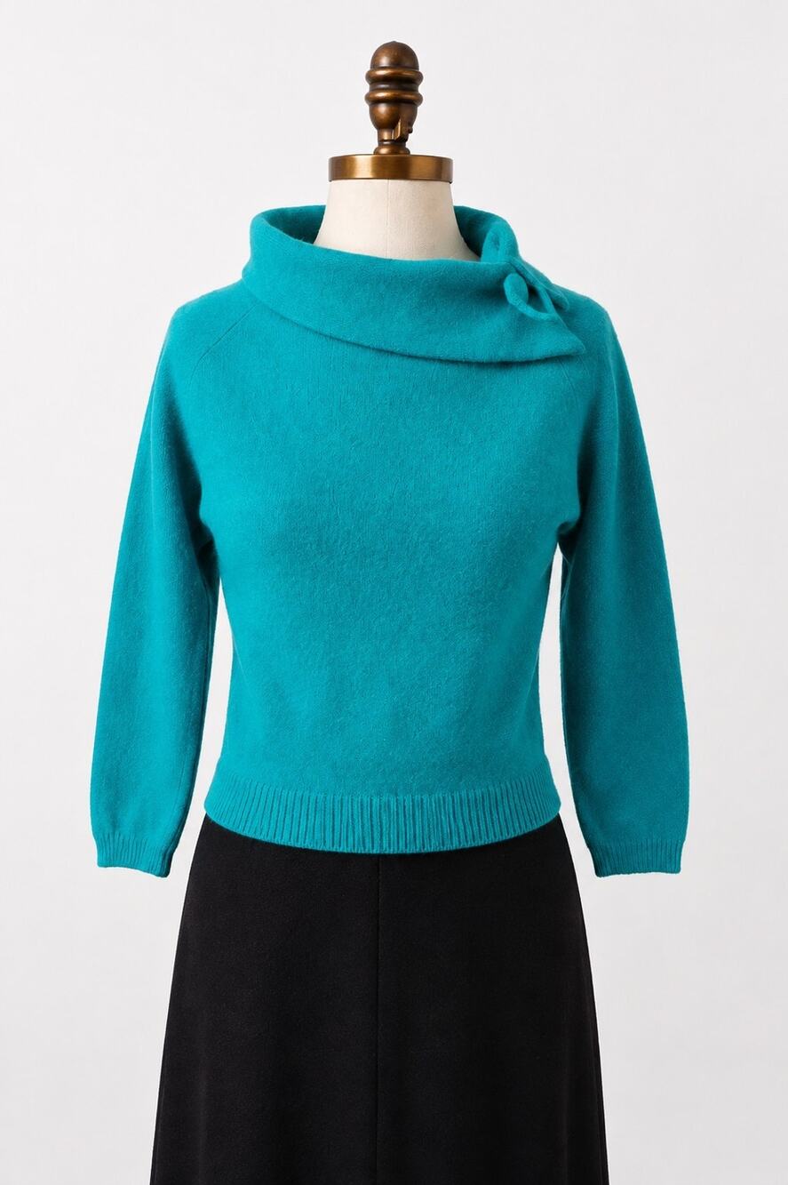 Vintage Bobbie Brooks Lamb Wool Angora Rabbit Sweater Women Med. Teal Cowl Neck